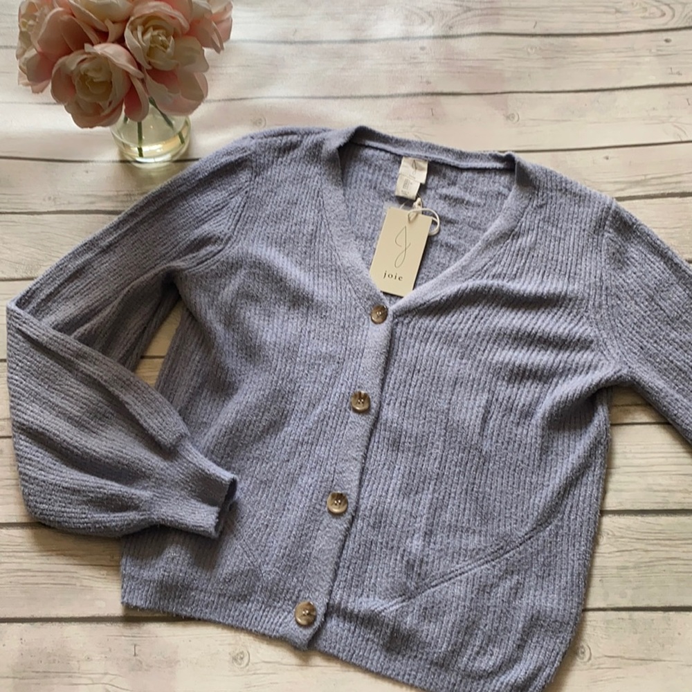 Joie Blue Chenille Button Down Balloon Sleeve Cardigan Size Large